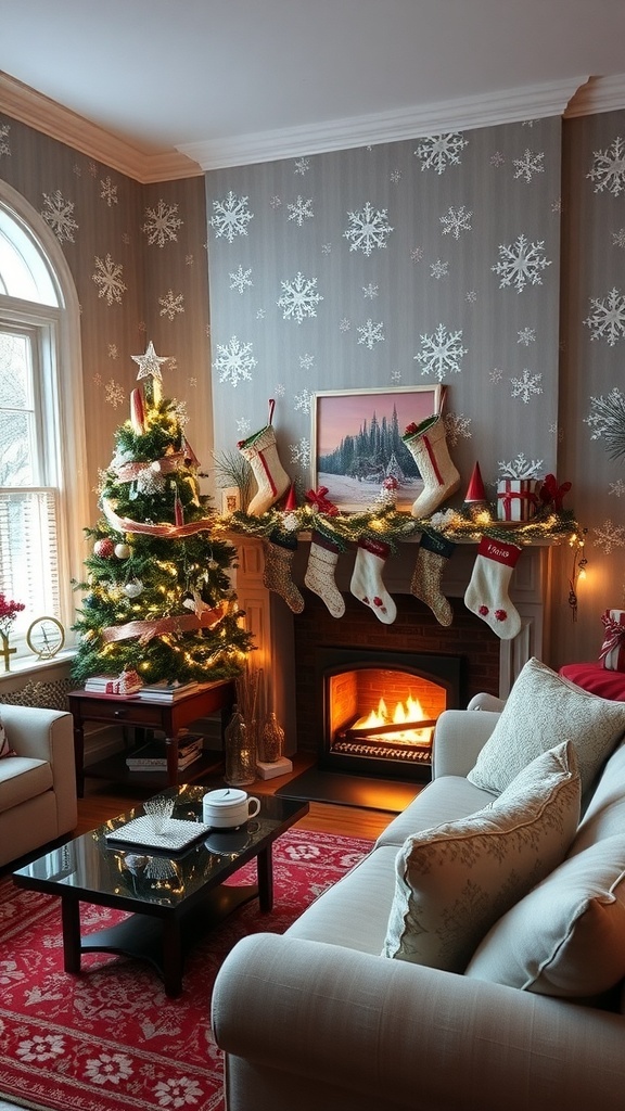 Cozy Christmas Wallpaper Ideas for a Festive Home A cozy living room with Christmas wallpaper, decorated tree, and festive decor.